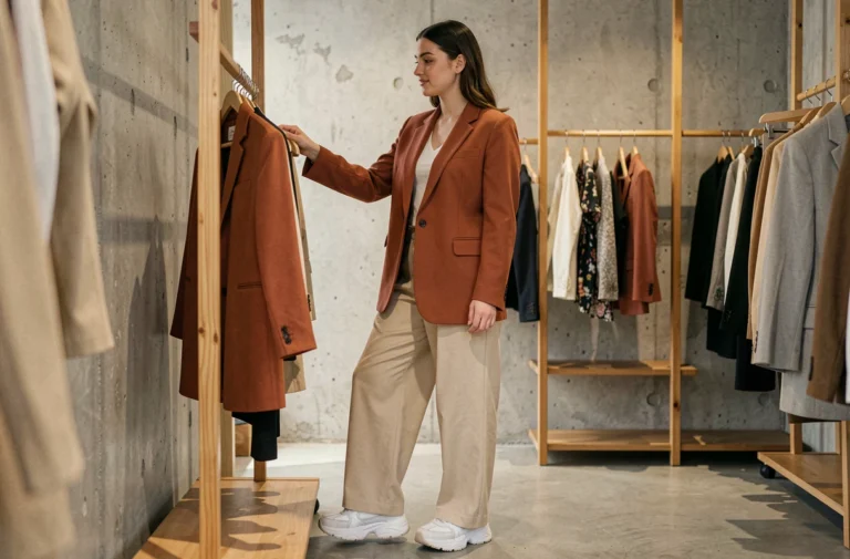 Femme tendance en blazer terracotta et pantalon large dans une boutique de mode minimaliste