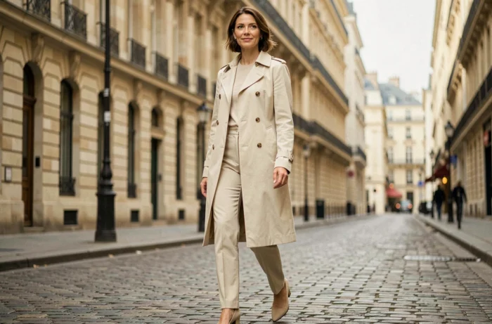 Woman in a cream trench coat walking on a European cobblestone street in an elegant and contemporary fashion look