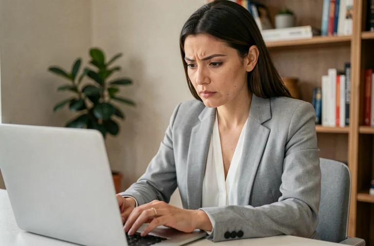 Femme vérifiant attentivement un site web sur son ordinateur portable pour éviter les arnaques en ligne