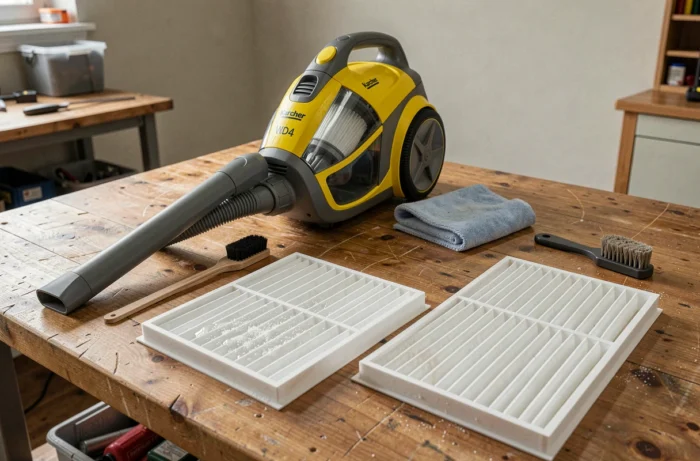 Aspirateur Karcher WD4 avec filtre mousse et filtre cartouche propres posés sur un établi en bois