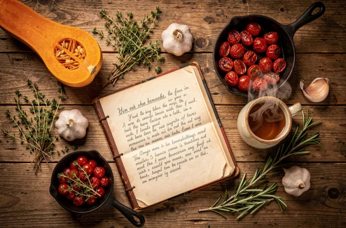 Flat lay de ingredientes frescos e acessórios de cozinha sobre uma mesa de madeira rústica para uma receita gourmet