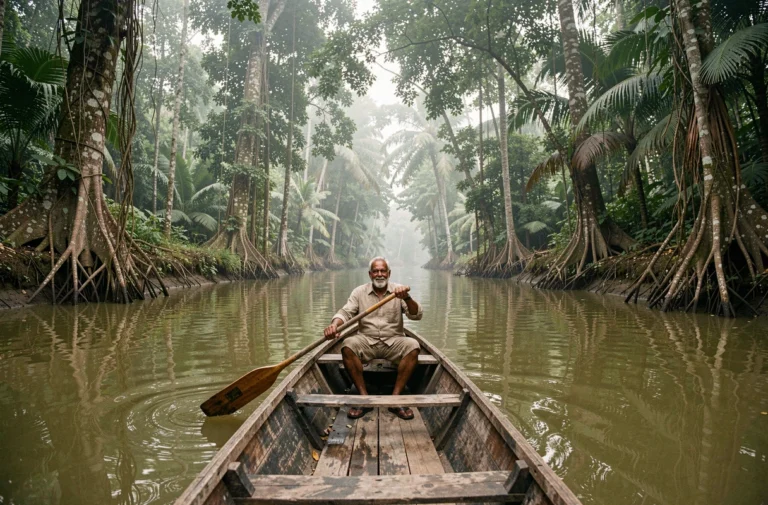 Guide local en pirogue sur un fleuve tropical méconnu, entouré d'une forêt dense et d'eaux calmes aux reflets verdâtres