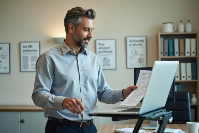 Fonctionnaire masculin consultant son document d'accueil tout en se connectant à Connect RH lors de sa première semaine à Marseille