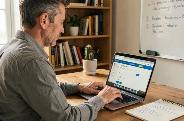 Man working remotely completing an online CNIL declaration on a laptop