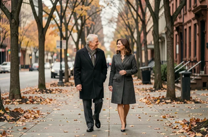 Couple élégant se promenant dans les rues de Manhattan en automne, évoquant George Soros et Tamiko Bolton