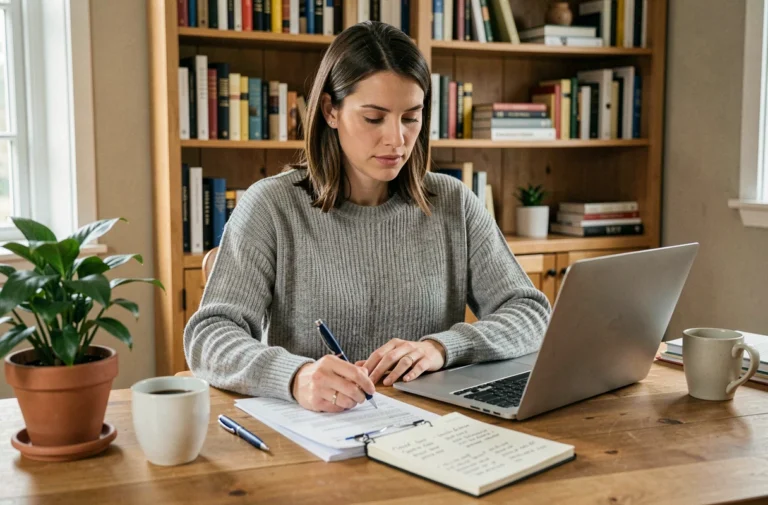 Femme concentrée gérant son budget personnel sur un ordinateur portable dans un bureau à domicile bien organisé