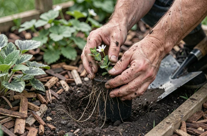Close-up of hands transplanting a flowering perennial in a garden bed with mulch and moist soil in spring