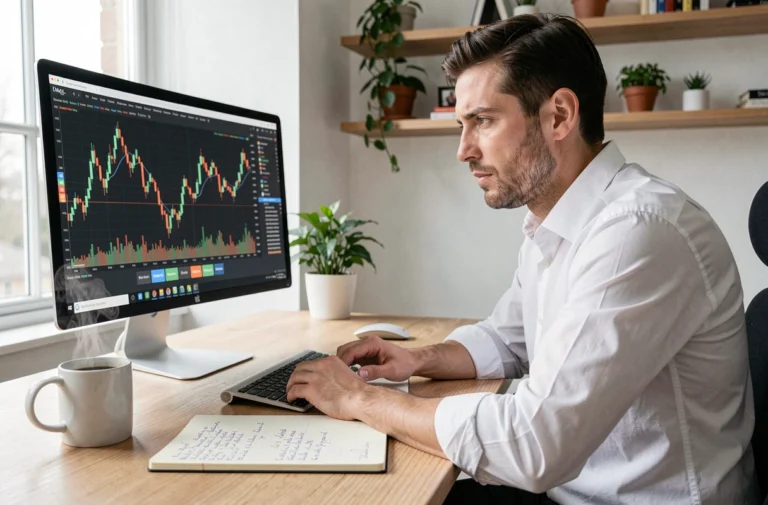 Homme en chemise blanche analysant des graphiques boursiers sur un écran d'ordinateur dans un bureau à domicile moderne