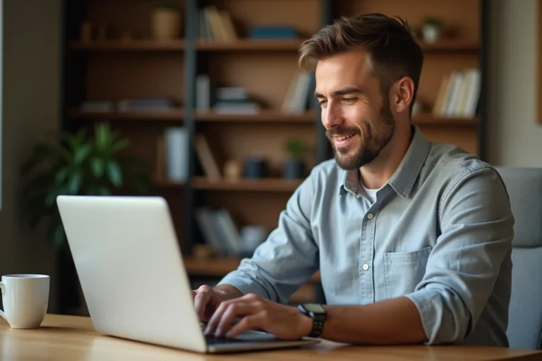 Un homme consultant un avis client sur Spoticar depuis son bureau à domicile, exprimant satisfaction et réflexion