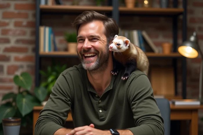 Homme souriant avec une belette apprivoisée sur l'épaule dans un bureau à domicile rustique