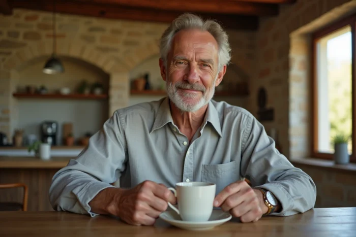 Homme distingué assis à une table en bois dans une maison de campagne française, illustrant l'intimité et la vie privée loin des médias