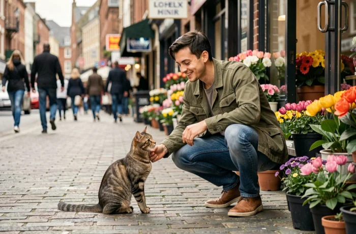 Jeune homme interagissant avec un chat tigré dans une rue urbaine animée