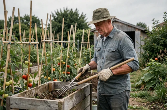 Homme jardinier retournant du compost dans un potager communautaire avec abri de jardin en arrière-plan
