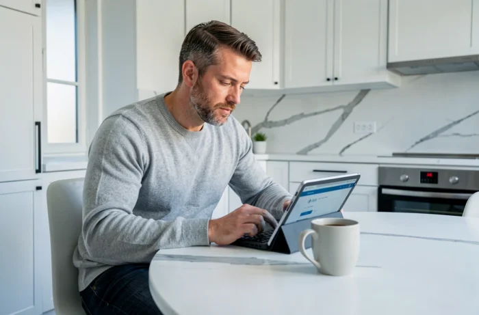 Homme consultant son assurance La Banque Postale sur une tablette depuis sa cuisine, interface bancaire en ligne visible
