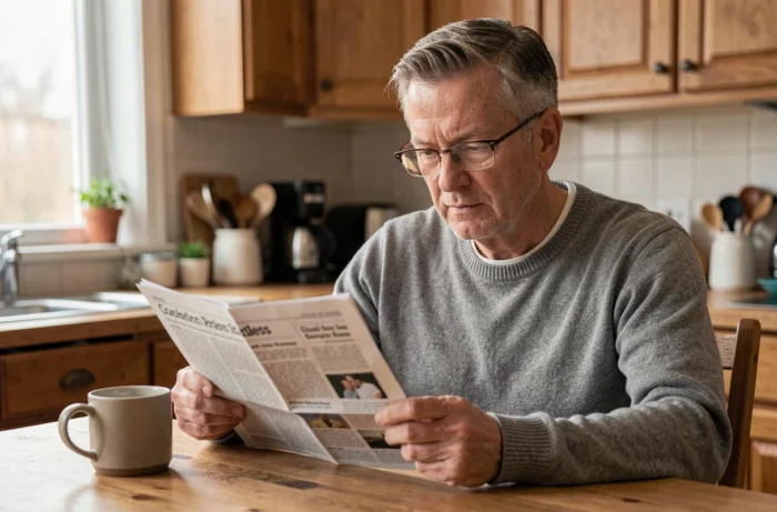 Homme d'âge mûr lisant un bulletin de santé dans sa cuisine le matin