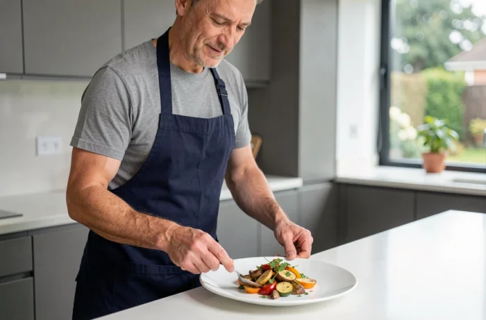Homem em avental montando um prato de legumes assados com cuidado em uma cozinha moderna e minimalista