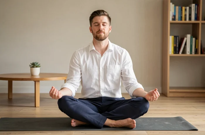 Homem praticando meditação sentado em um tapete de yoga em uma sala minimalista e relaxante
