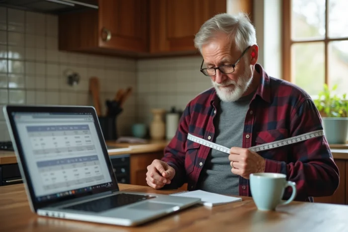 Homme senior prenant ses mesures corporelles à domicile pour choisir la bonne taille Damart