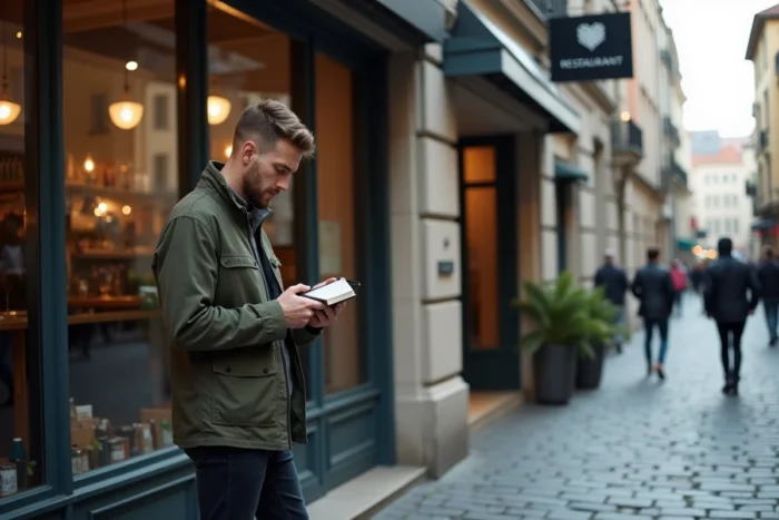 Homme consultant ses notes devant une nouvelle adresse tendance dans une rue pavée urbaine