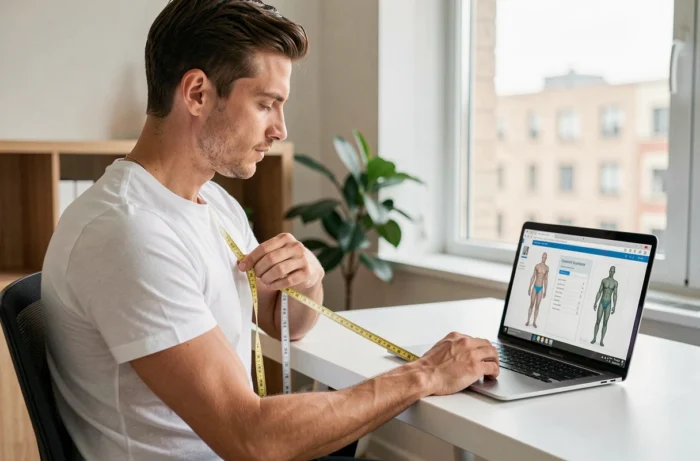 Homme prenant ses mensurations avec un mètre ruban pour configurer son avatar corporel numérique