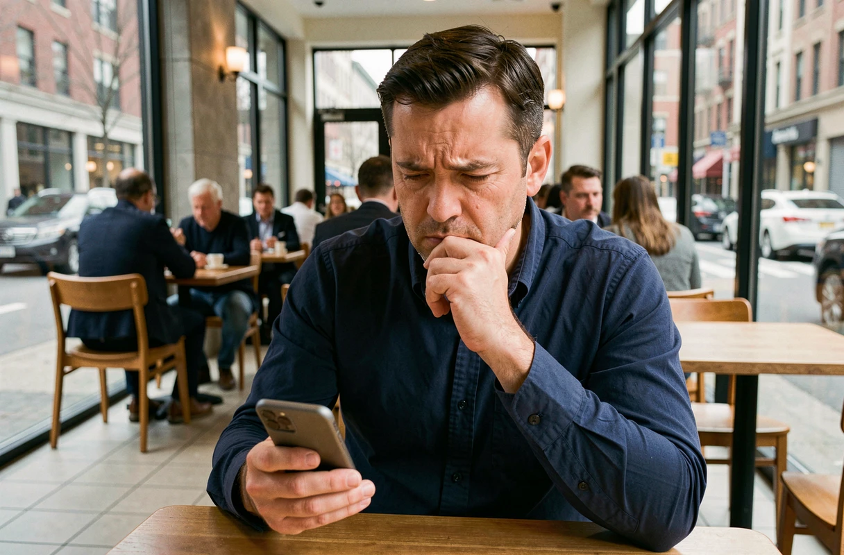 Homme méfiant consultant son smartphone dans un café pour identifier une arnaque sur une plateforme en ligne