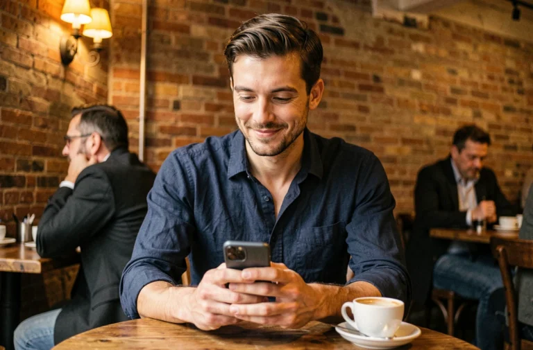 Homme souriant en regardant son téléphone dans un café, illustration du flirt par messages texte