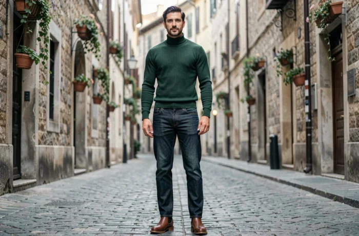 Homme stylé en col roulé vert et jean droit dans une rue pavée européenne tendance mode automne