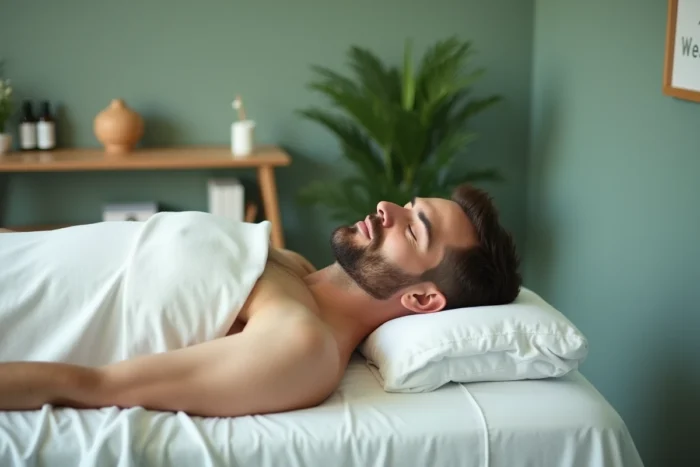 Homme allongé sur une table de massage professionnelle dans un cabinet de bien-être avec décor naturel apaisant