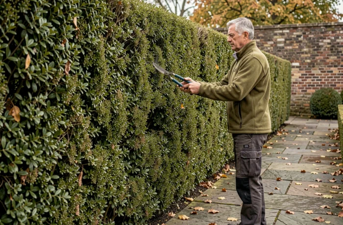 Man trimming a boxwood hedge in a formal garden in autumn with pruning shears, stone path and brick wall in the background