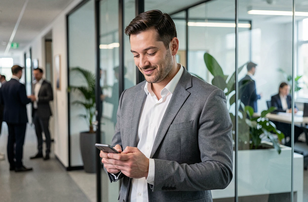 Homme relisant un message sur son téléphone dans un couloir de bureau, réfléchissant à la signification d'un message flatteur