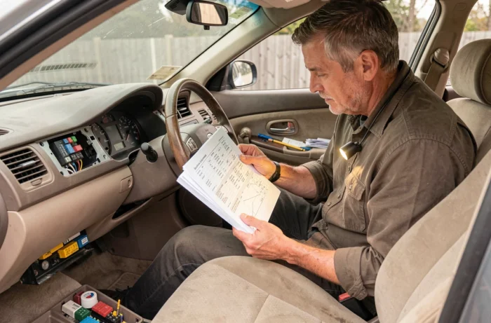 Propriétaire de voiture consultant le manuel du conducteur pour identifier le fusible du régulateur de vitesse dans le tableau de bord intérieur