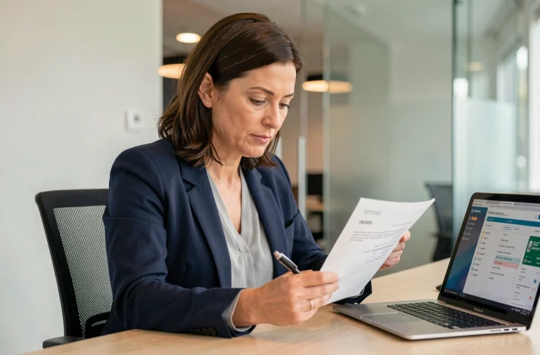Femme professionnelle analysant un document bancaire avec un numéro IBAN dans un bureau moderne