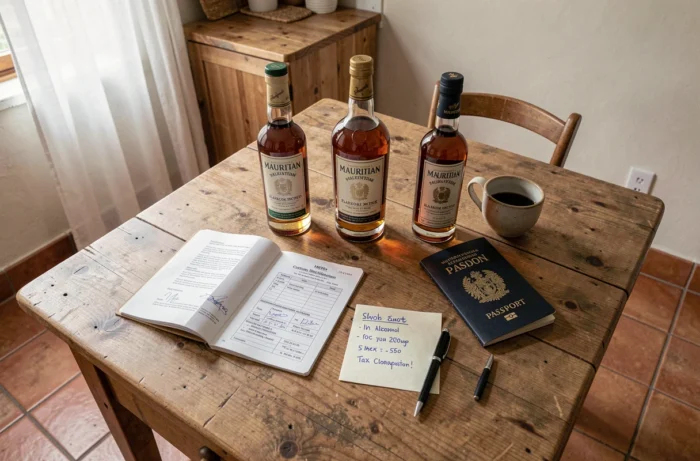 Table avec bouteilles de rhum mauricien, passeport et formulaire de déclaration douanière pour importation d'alcool