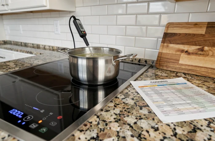 Plaque à induction affichant 1000 watts avec thermomètre de cuisson et tableau de conversion en degrés Celsius sur un plan de travail de cuisine moderne