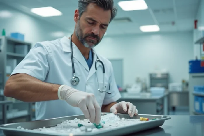 Infirmier préparant un plateau de médicaments dans une salle de soins hospitalière équipée