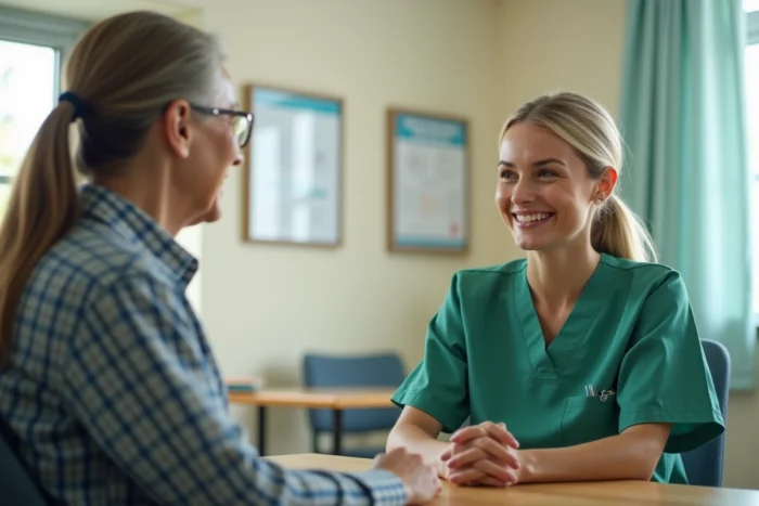 Infirmière en consultation avec un patient âgé dans un cabinet de santé communautaire chaleureux