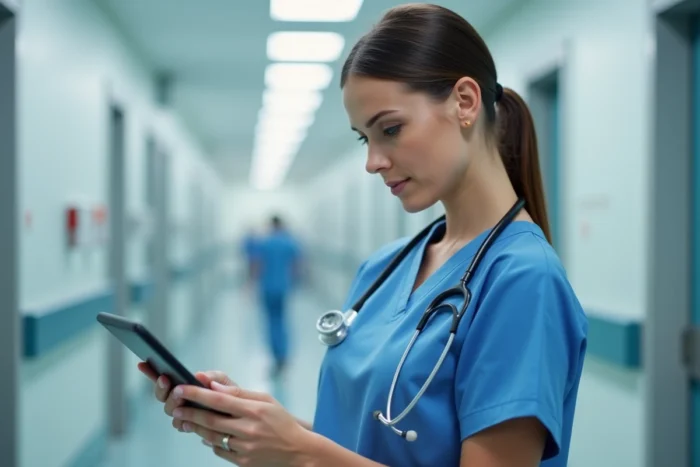 Infirmière en blouse bleue consultant un dossier patient sur tablette dans un couloir d'hôpital moderne