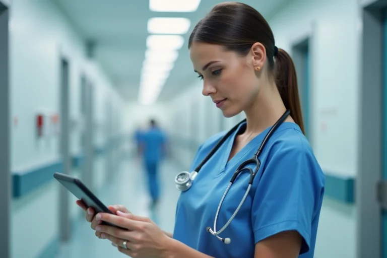 Infirmière en blouse bleue consultant un dossier patient sur tablette dans un couloir d'hôpital moderne
