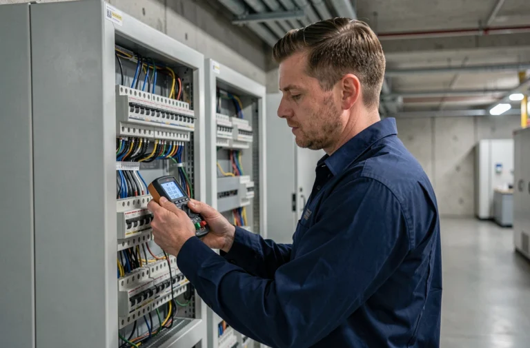 Ingénieur lisant un multimètre numérique devant un tableau électrique industriel pour convertir des watts en degrés Celsius
