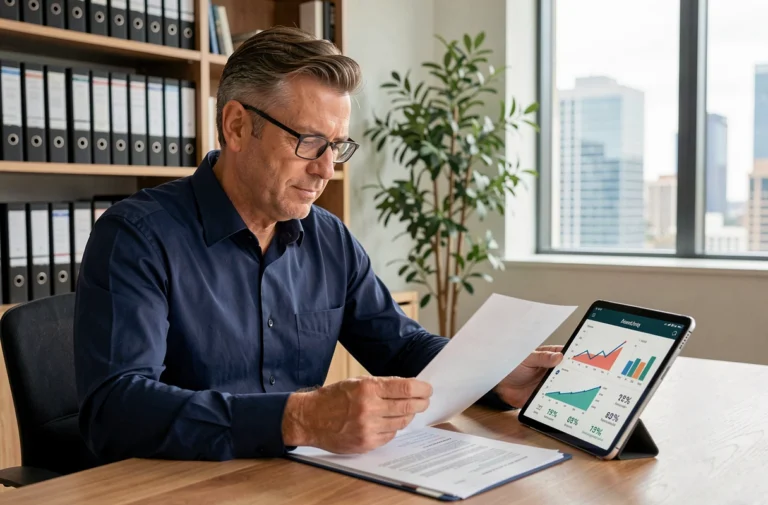 Investisseur particulier analysant les frais de SCPI sur des documents financiers imprimés dans un bureau moderne