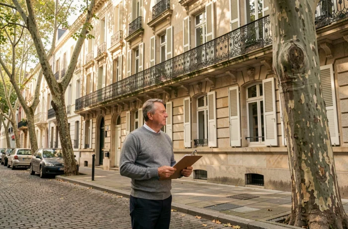 Real estate investor inspecting a residential building with a stone facade in an urban area