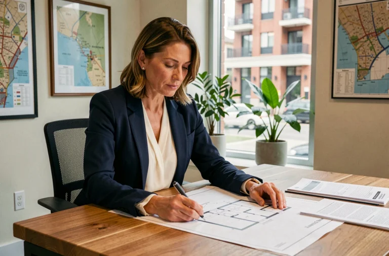 Investisseuse immobilière analysant des plans de propriété dans un bureau moderne avec vue sur la ville en 2024