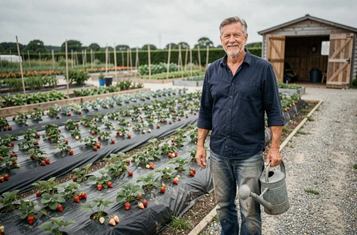 Jardinier debout près d'un carré de fraisiers paillés avec un voile noir dans un potager partagé