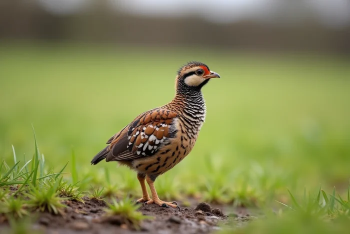 Jeune faisan de trois semaines debout dans une prairie humide, ses premières plumes d'aile visibles à travers le duvet
