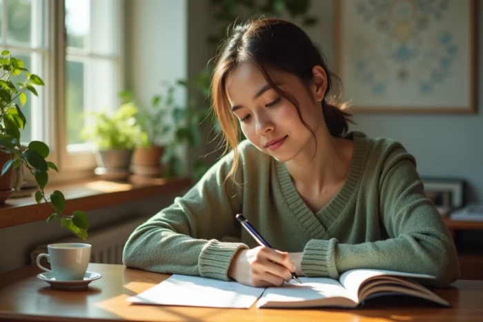 Jeune femme écrivant dans un journal de thérapie ACT à son bureau, pratiquant des exercices de flexibilité psychologique et d'acceptation émotionnelle