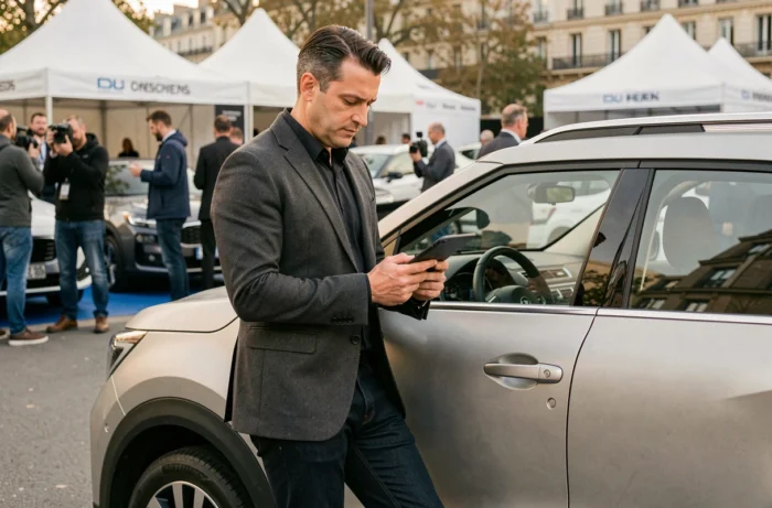 Journaliste automobile masculin consultant une tablette lors d'un événement de presse automobile en plein air à Paris