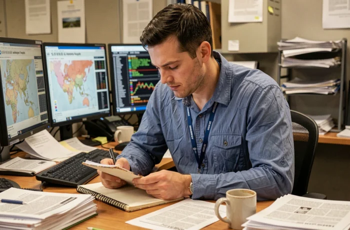 Male journalist in a newsroom analyzing his notes for a long report