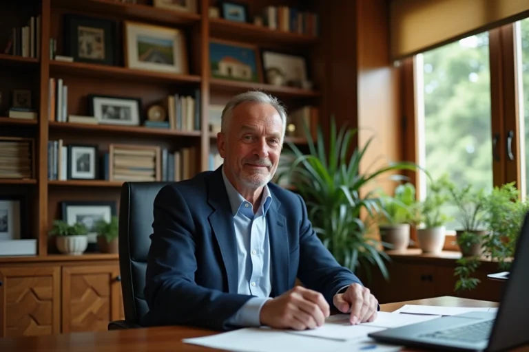 Laurent Neumann dans son bureau à domicile, homme en blazer marine consultant des notes, atmosphère intimiste de vie privée
