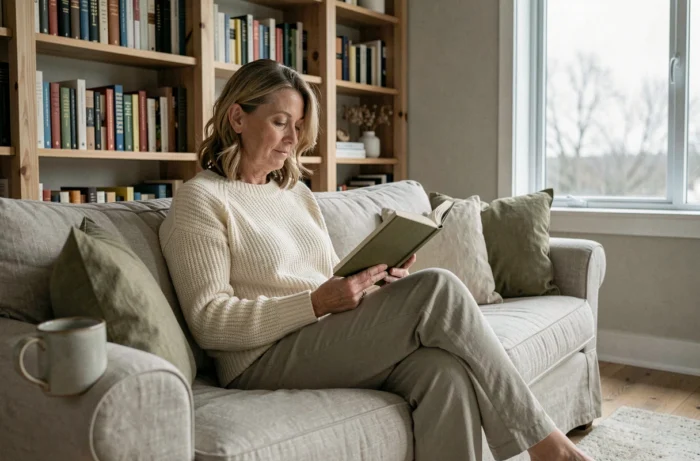 Femme d'âge mûr lisant un livre sur un canapé confortable dans un salon cosy pour favoriser la détente et le bien-être quotidien