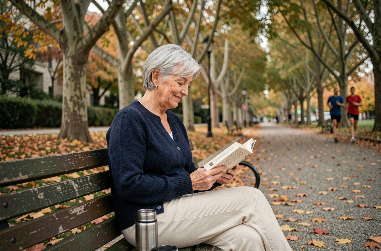 Femme aux cheveux argentés lisant un livre sur un banc de parc en automne avec une tasse de thé, symbolisant le bien-être mental et la détente pour la santé quotidienne
